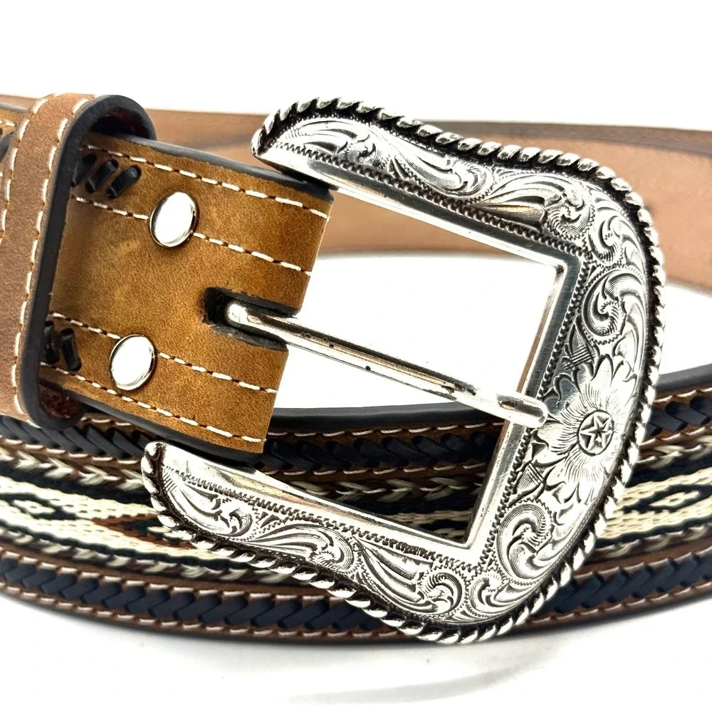 Nocona Western Leather Belt Sz 42 Brown Braided Inlay Cowboy Rodeo Silver Buckle